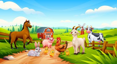 Bir at, domuz, keçi, inek, tavşan, tavuk ve yeşil tarladaki civcivler de dahil olmak üzere bir grup çiftlik hayvanı. Vektör çizgi film illüstrasyonu