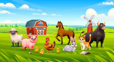 Koyun, domuz, at, tavuk, civciv, kedi, boğa ve çayırdaki tavşan gibi şirin çiftlik hayvanları. Vektör çizgi film illüstrasyonu