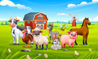 İnek, domuz, hindi, eşek, koyun, tavşan, at ve arı dahil olmak üzere çiftlik hayvanları yeşil alanda. Vektör çizgi film illüstrasyonu