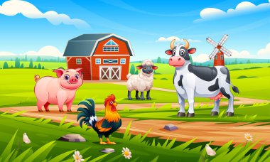 İnek, domuz, koyun ve horoz da dahil olmak üzere çiftlik hayvanları çim tarlasında ahır ve yel değirmeniyle duruyorlar. Vektör çizgi film illüstrasyonu