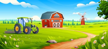 Kırsal tarım arazisi. Kırmızı bir ahırın yakınındaki tarım arazisinde traktör ve mavi gökyüzünün altında yel değirmeni. Vektör çizgi film illüstrasyonu