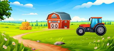 Kırsal tarım arazisi. Açık bir yaz gününde saman balyalarının yanında kırmızı traktör ve yeşil tarlaları olan bir ahır. Vektör çizgi film illüstrasyonu
