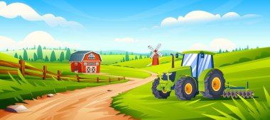 Kırsal tarım arazisi. Güneşli bir günde çimenli bir tepede, kırmızı ahırı, yel değirmeni ve ahşap çiti olan bir traktör. Vektör çizgi film illüstrasyonu
