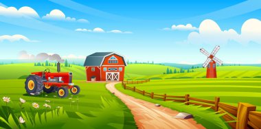 Kırsal tarım arazisi. Toprak yolun yanındaki yeşil alanda klasik traktör, arka planda ahır ve yel değirmeni. Vektör çizgi film illüstrasyonu