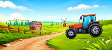 Kırsal tarım arazisi. Çiftlik arazisindeki traktör, eğri toprak yol ve yel değirmeni. Vektör çizgi film illüstrasyonu