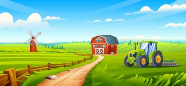 Kırsal tarım arazisi. Tepeleri ve açık gökyüzü olan güneşli tarlalarda ahırı ve yel değirmeni olan bir traktör. Vektör çizgi film illüstrasyonu