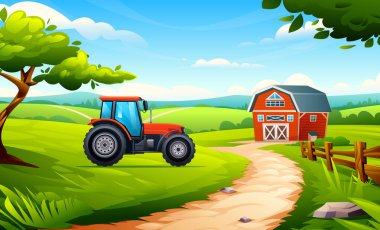 Kırsal tarım arazisi. Ahırın yanındaki kırmızı traktör, ağaçlı ve eğimli yeşil tarım arazisinde. Vektör çizgi film illüstrasyonu