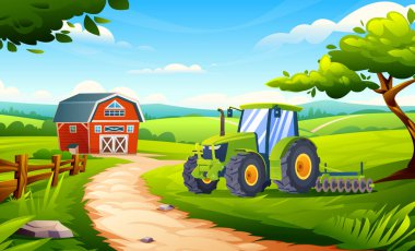 Kırsal tarım arazisi. Güneşli gökyüzünün altında ahırı ve tepeleri olan bir traktör. Vektör çizgi film illüstrasyonu