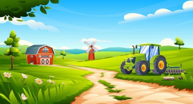 Kırsal tarım arazisi. Ahırın yanında traktör ve manzaralı yeşil tarlalarda yel değirmeni. Vektör çizgi film illüstrasyonu