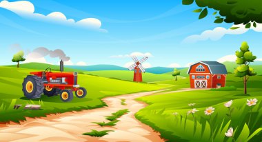 Kırsal tarım arazisi. Çimenli tarlalarda, ahırı, yel değirmeni ve mavi gökyüzünün altında çiçekleri olan klasik traktör. Vektör çizgi film illüstrasyonu