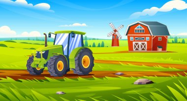 Kırsal tarım arazisi. Traktör ahırın yanındaki toprak yolda, yel değirmeni de çiftlik arazisinde. Vektör çizgi film illüstrasyonu