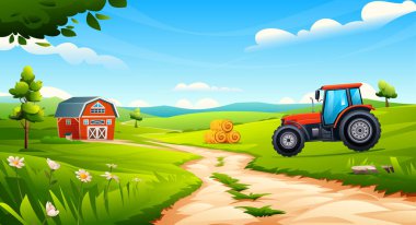 Kırsal tarım arazisi. Saman balyalarının yanındaki traktör ve güneşli gökyüzünün altındaki yeşil tepelerdeki ahır. Vektör çizgi film illüstrasyonu