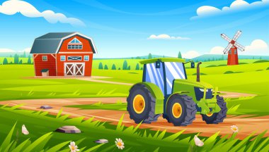 Kırsal tarım arazisi. Ahırı ve yel değirmeni manzaralı yeşil alanda toprak yolda bir traktör. Vektör çizgi film illüstrasyonu