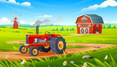 Kırsal tarım arazisi. Kırsal yolda çiçeklerle, ahırla ve yel değirmeniyle gezen klasik traktör. Vektör çizgi film illüstrasyonu