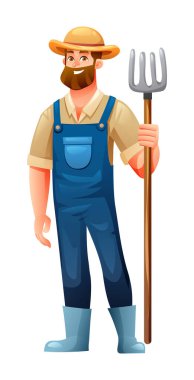 Tulumlu sakallı erkek çiftçi elinde bir yaba ve gülümsüyor. Vektör çizgi film karakteri çizimi