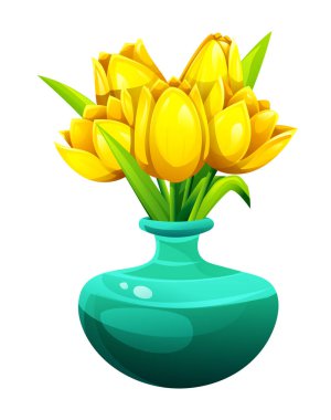 Turkuaz seramik vazodaki sarı laleler, yemyeşil ve canlı çiçek dekoru. Vektör çizgi film illüstrasyonu