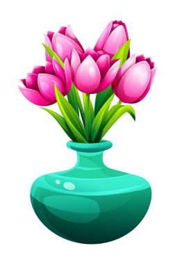 Turkuaz vazoda yapraklarla açan pembe laleler. Vektör çizgi film illüstrasyonu