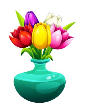 Kırmızı, pembe, sarı, mor ve beyaz renkli laleler. Vektör çizgi film illüstrasyonu