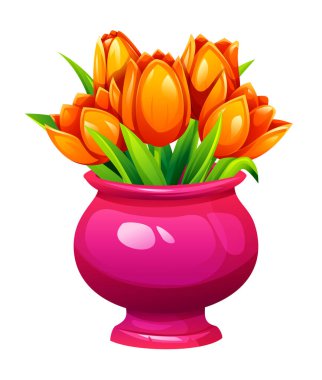 Parlak pembe vazoda yeşil yapraklı parlak turuncu laleler. Vektör çizgi film illüstrasyonu