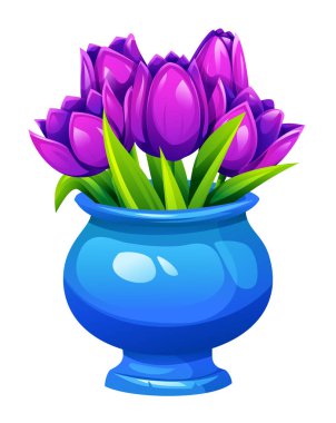 Parlak mavi bir vazoda yaprakları olan mor laleler. Vektör çizgi film illüstrasyonu