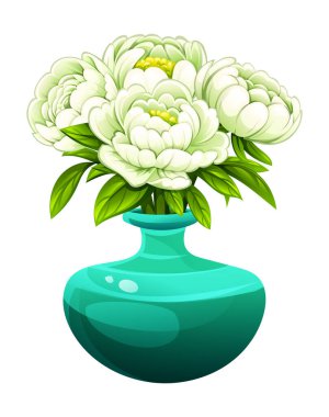 Tuğla vazosunda yemyeşil yaprakları olan zarif beyaz şakayıklar. Vektör çizgi film illüstrasyonu