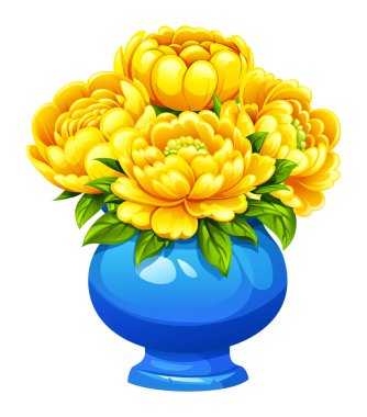 Mavi seramik vazoda yapraklı, gür sarı şakayıklar. Vektör çizgi film illüstrasyonu