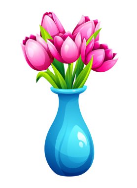 İnce mavi bir vazoda yeşil yapraklı pembe laleler. Zarif bir dekor. Vektör çizgi film illüstrasyonu