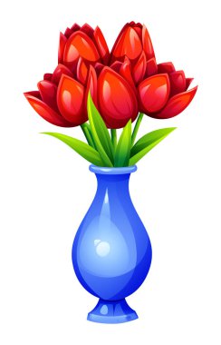 Parlak mavi vazodaki parlak ve parlak yapraklı kırmızı laleler. Vektör çizgi film illüstrasyonu