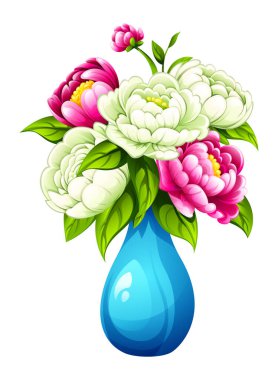 Kavisli mavi vazoda yapraklı pembe ve beyaz şakayıklar. Vektör çizgi film illüstrasyonu