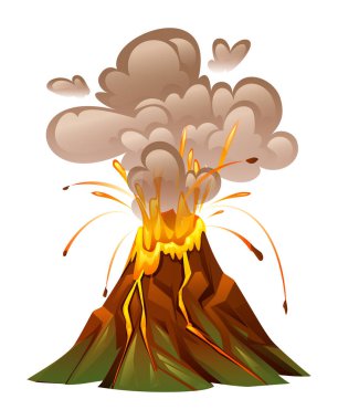 Patlayan volkan dumanla, lav sıçramalarıyla ve kayalık dağlarla doludur. Vektör çizgi film illüstrasyonu