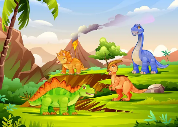 Dinozorlar volkan ve tropikal ağaçlarla dolu verimli tepelerde toplanıyorlar. Vektör çizgi film illüstrasyonu