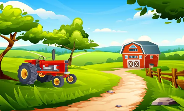 Kırsal tarım arazisi. Ahırın ve çiftlik arazisinin yakınındaki ağaçların altına park edilmiş eski model bir traktör. Vektör çizgi film illüstrasyonu