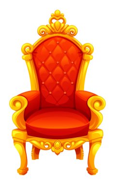 Kırmızı yastıklı ve karmaşık oymalı altın taht koltuğu. Vektör çizgi film illüstrasyonu