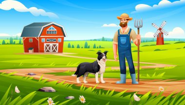 Çiftçi, kırmızı ahır ve yel değirmeninin yanında sadık çoban köpeğiyle yolda duruyor. Vektör çizgi film illüstrasyonu