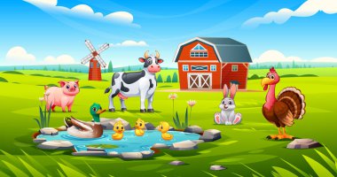 Ördek, inek, domuz, tavşan ve hindi gibi çiftlik hayvanları yeşil çayırdaki gölet ve ahır yakınlarında. Vektör çizgi film illüstrasyonu