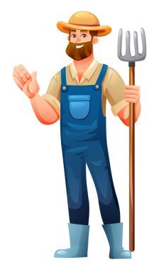 Sakallı erkek çiftçi, mavi tulumlu bir yaba tutarken gülümseyip el sallıyor. Vektör çizgi film illüstrasyonu