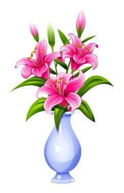 Yaprakları ve tomurcukları olan parlak vazoda pembe zambak çiçekleri. Vektör çizgi film illüstrasyonu