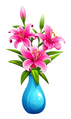 Mavi vazoda yaprakları ve çiçek tomurcukları olan pembe zambaklar. Vektör çizgi film illüstrasyonu