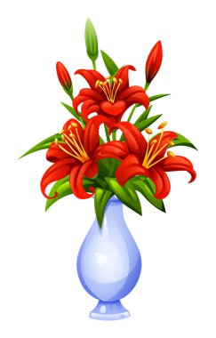 Vazoda yaprakları ve tomurcukları olan kırmızı zambak çiçekleri. Vektör çizgi film illüstrasyonu