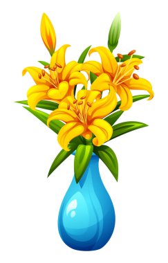 Zarif mavi vazoda yaprakları ve tomurcukları olan parlak sarı zambak buketi. Vektör çizgi film illüstrasyonu.