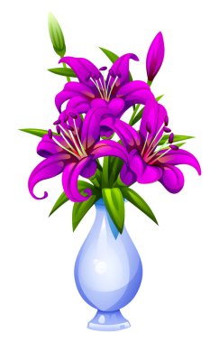 Vazoda mor zambak çiçekleri, gür yapraklar ve kıvrımlı yapraklar. Vektör çizgi film illüstrasyonu