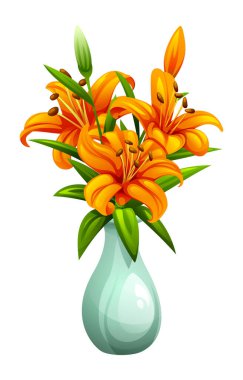 Açık yeşil vazodaki turuncu zambaklar. Detaylı yapraklar ve tomurcuklar. Vektör çizgi film illüstrasyonu