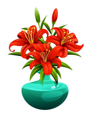 Turkuaz bir vazoda yapraklı kırmızı zambaklar. Vektör çizgi film illüstrasyonu