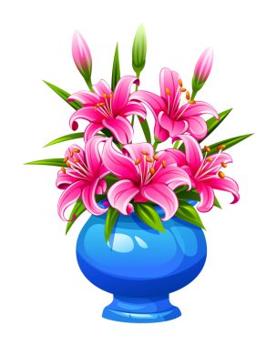 Beyaz arka planda yuvarlak mavi bir vazoda çiçek açan pembe zambaklar. Vektör çizgi film illüstrasyonu