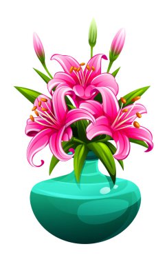 Yaprakları ve kıvrımlı çiçekleri olan gök mavisi vazoda pembe zambaklar. Vektör çizgi film illüstrasyonu