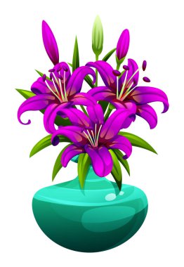 Beyaz arka planda turkuaz bir vazoda parlak mor zambaklar. Vektör çizgi film illüstrasyonu