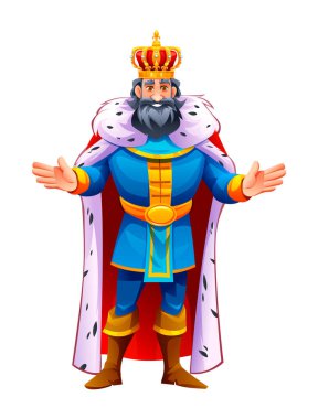 Krallar gibi taç giymiş bir kral kraliyet jesti olarak elini uzatıyor. Vektör çizgi film karakteri çizimi