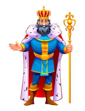 Krallar gibi taç giymiş bir kral, bir asa tutuyor, bir liderlik jesti olarak kollarını açıyor. Vektör çizgi film karakteri çizimi