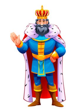 Kraliyet giysili bir kral, kraliyet jesti ile el sallıyor. Vektör çizgi film karakteri çizimi