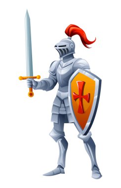 Zırhlı şövalye, miğferinde kırmızı bir tüy olan kılıç ve kalkan taşıyor. Vektör çizgi film karakteri çizimi